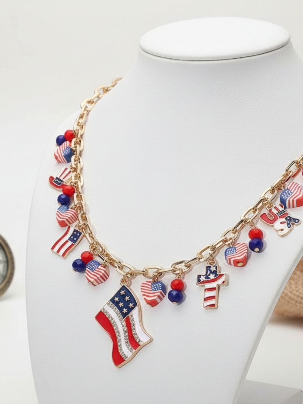 American USA Flag Heart Cross Charm Embellished Necklace